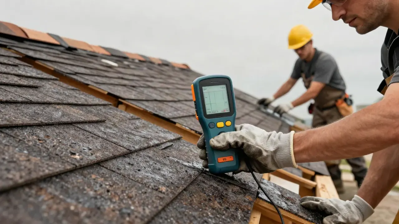 Roof Leak Repair in Whittier, California: close-up of a non-invasive moisture meter displaying a colored graph (no numbers)