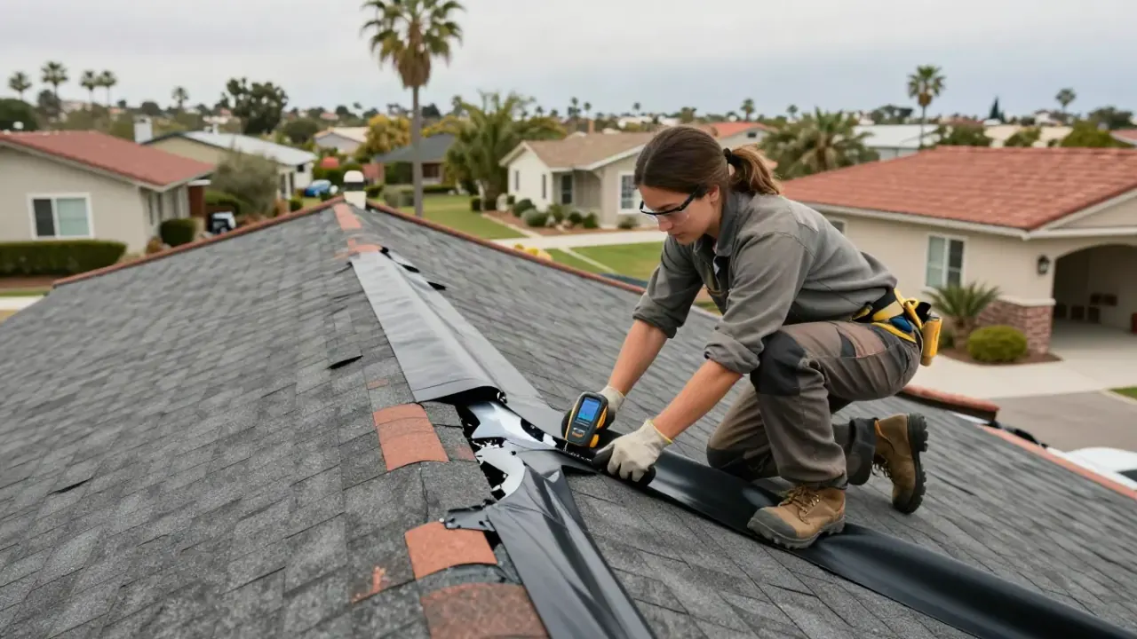 Valley Leak Repair in Whittier, California: roofer carefully installing a new section of flexible self-adhering membrane