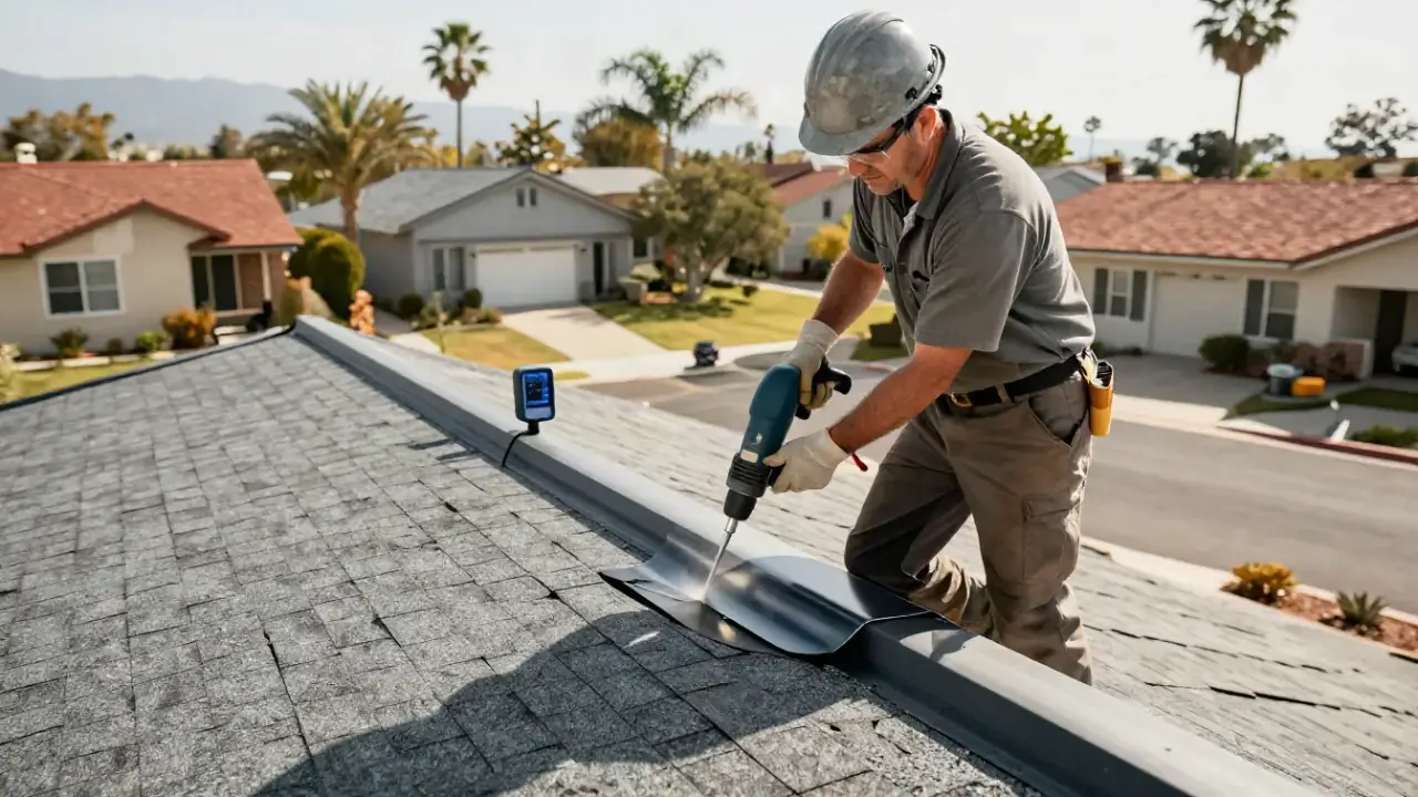 Skylight Leak Repair in Whittier, California: roofer using a heat gun to gently warm and smooth a self-adhering patch over a
