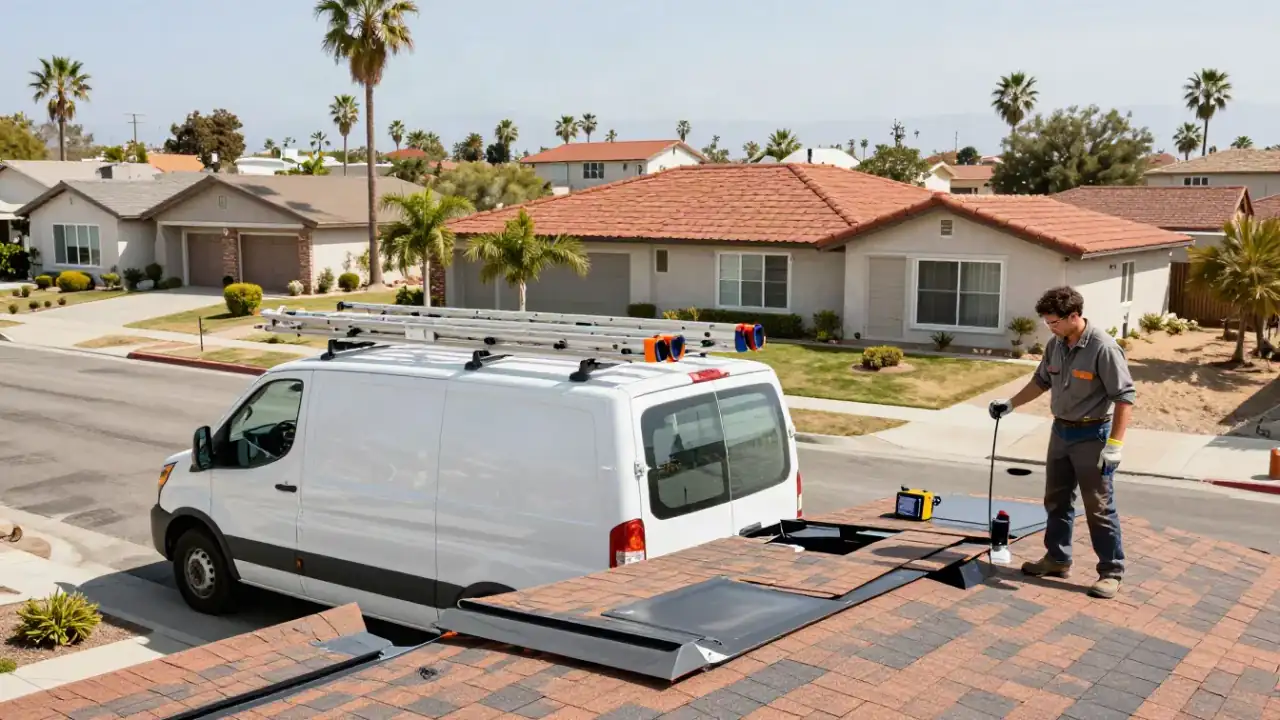 Roof Leak Repair in Whittier, California: wide shot of a neatly parked, clean service van with ladders securely racked on